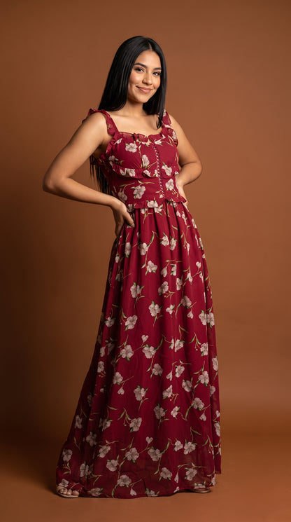 Vestido Rojo Floral Largo / MV08
