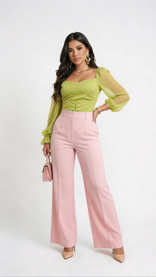 Conjunto Rosa Palazzo con Top Verde / CUM17