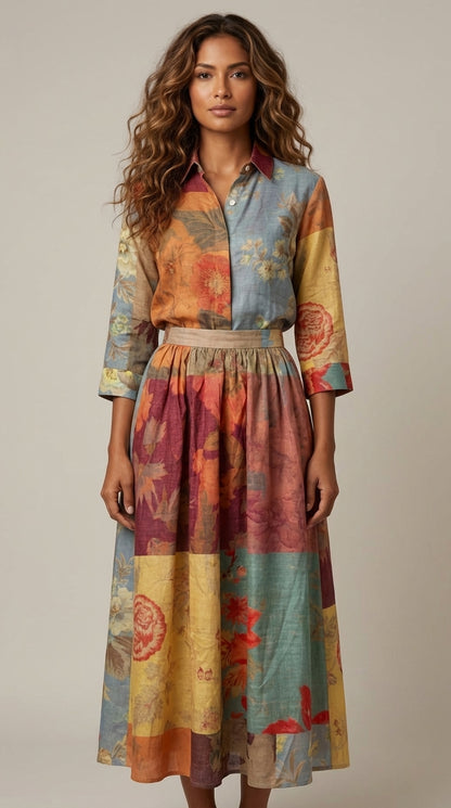 Set Camisa y Falda Midi Estampado Artístico ANS15