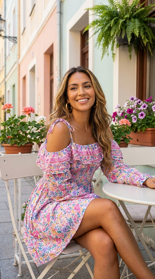 Vestido corto floral hombros descubiertos / ANV67