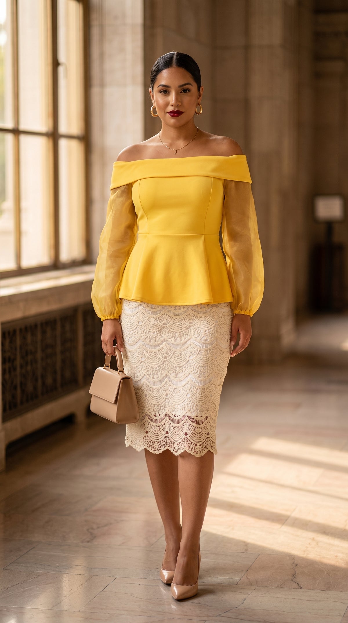 Blusa amarilla off-shoulder + Falda elegante AOMEI /OUTEV78