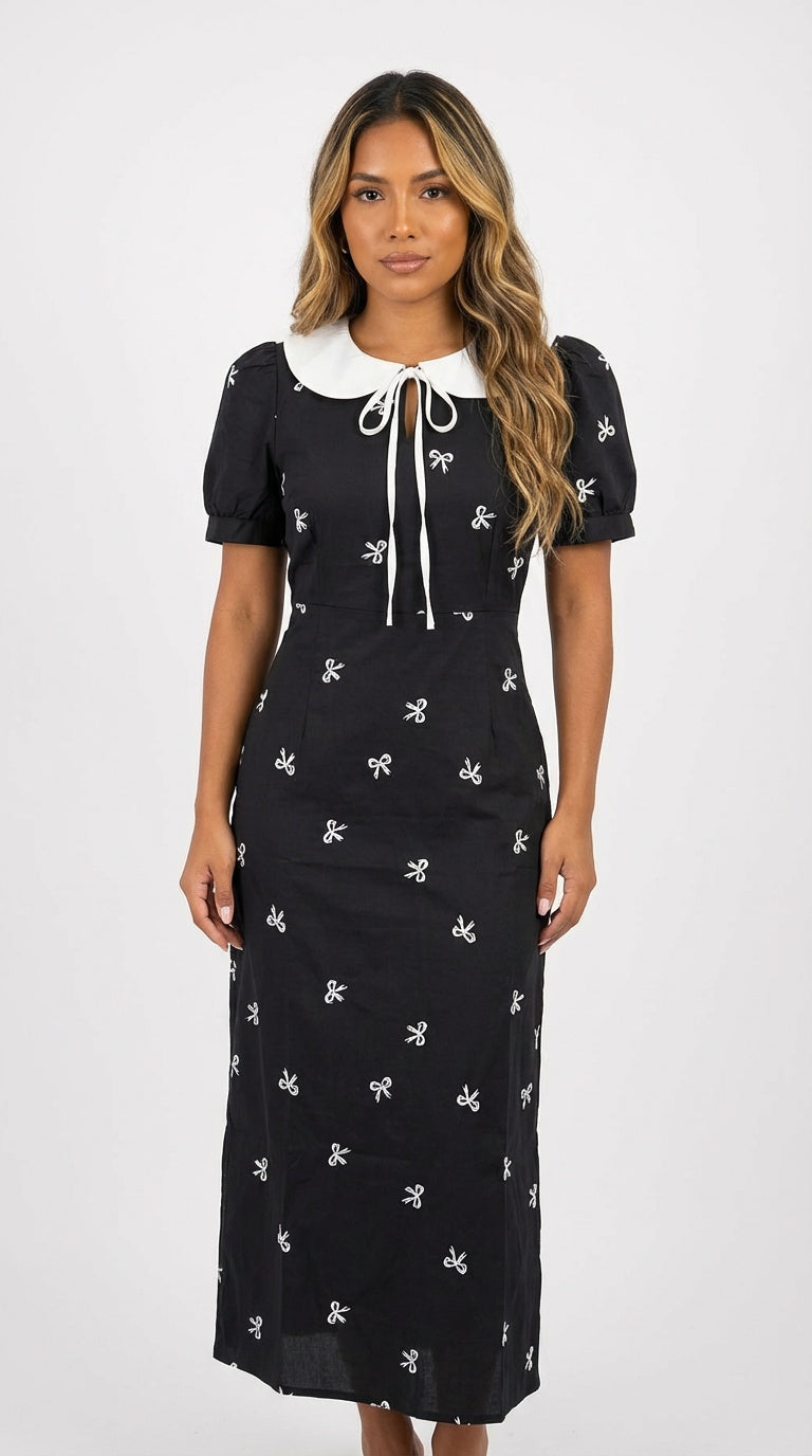 Vestido negro midi estampado / L15A
