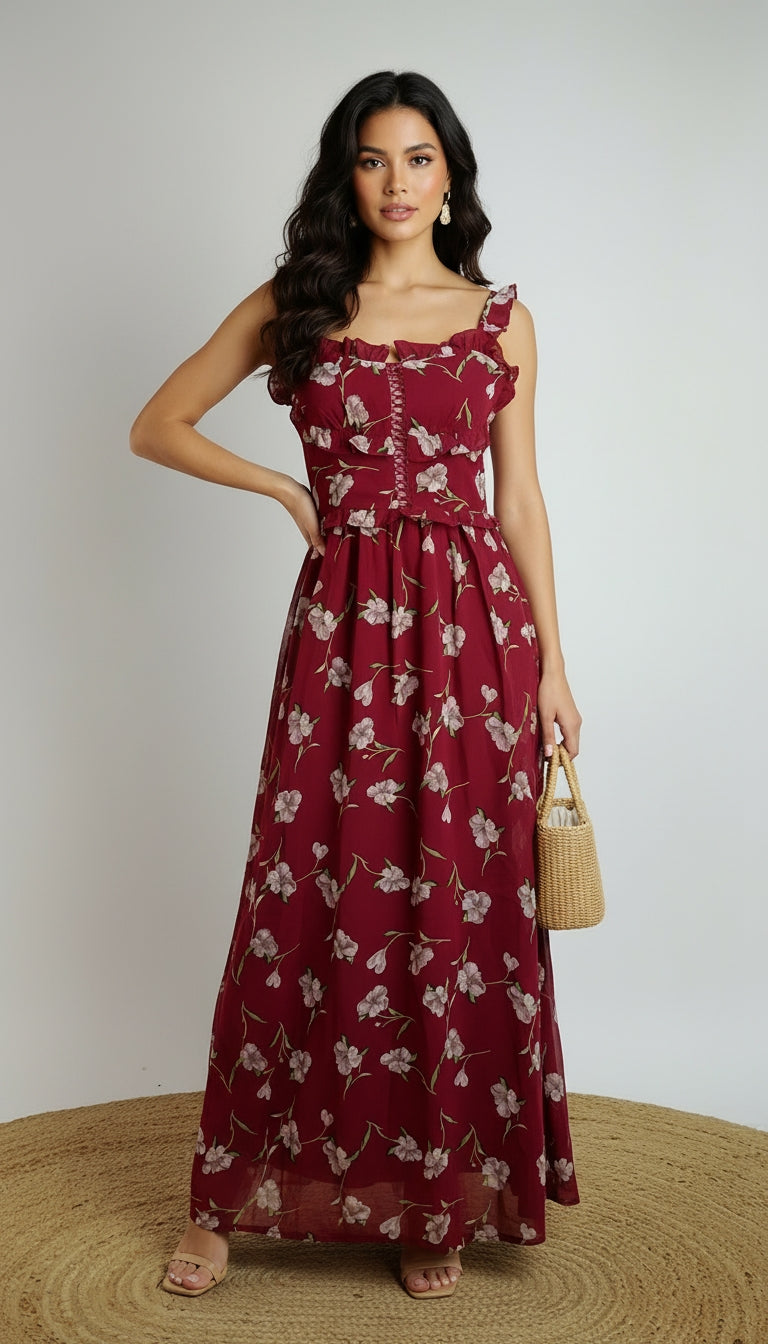 Vestido Rojo Floral Largo / MV08