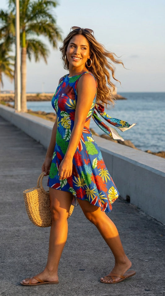 Vestido corto tropical multicolor / L45A