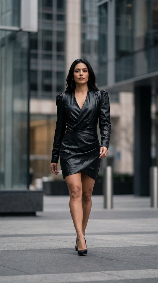 Vestido corto negro drapeado / UV40