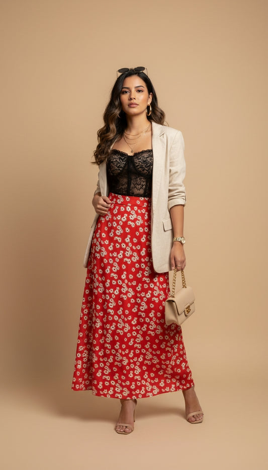 Falda midi roja floral / L19A