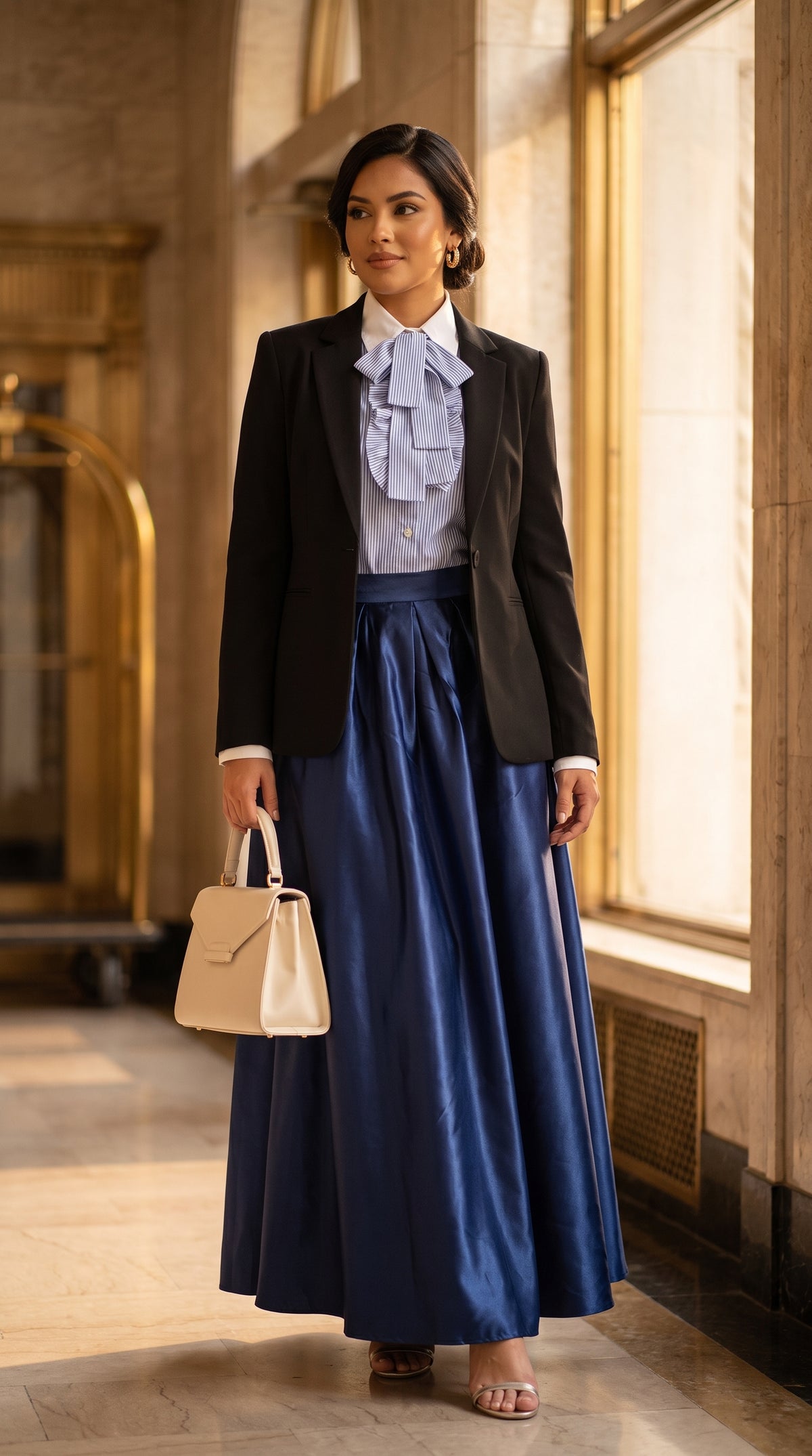 Blusa celeste con lazo + Falda azul satinada + Blazer Negro Formal Clásico /OUTEV83