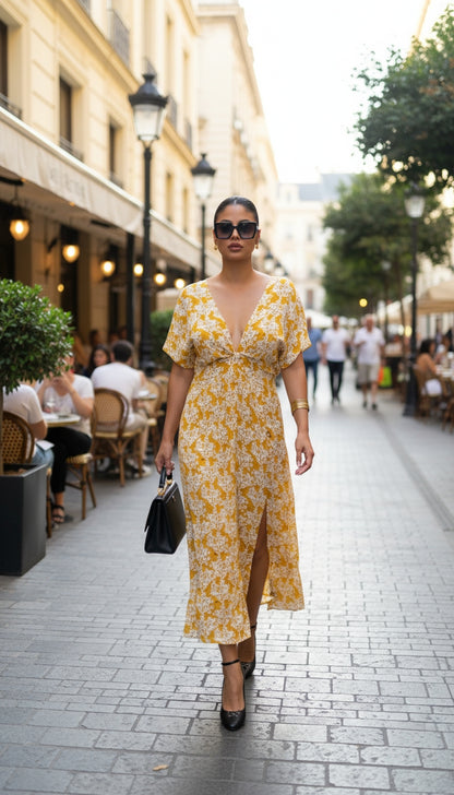 Vestido largo marrón floral con escote en V /ANV09