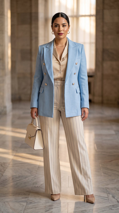 Blazer Sastre Azul Pastel + Blusa satinada + Pantalón wide-leg rayado beige /OUTEV87