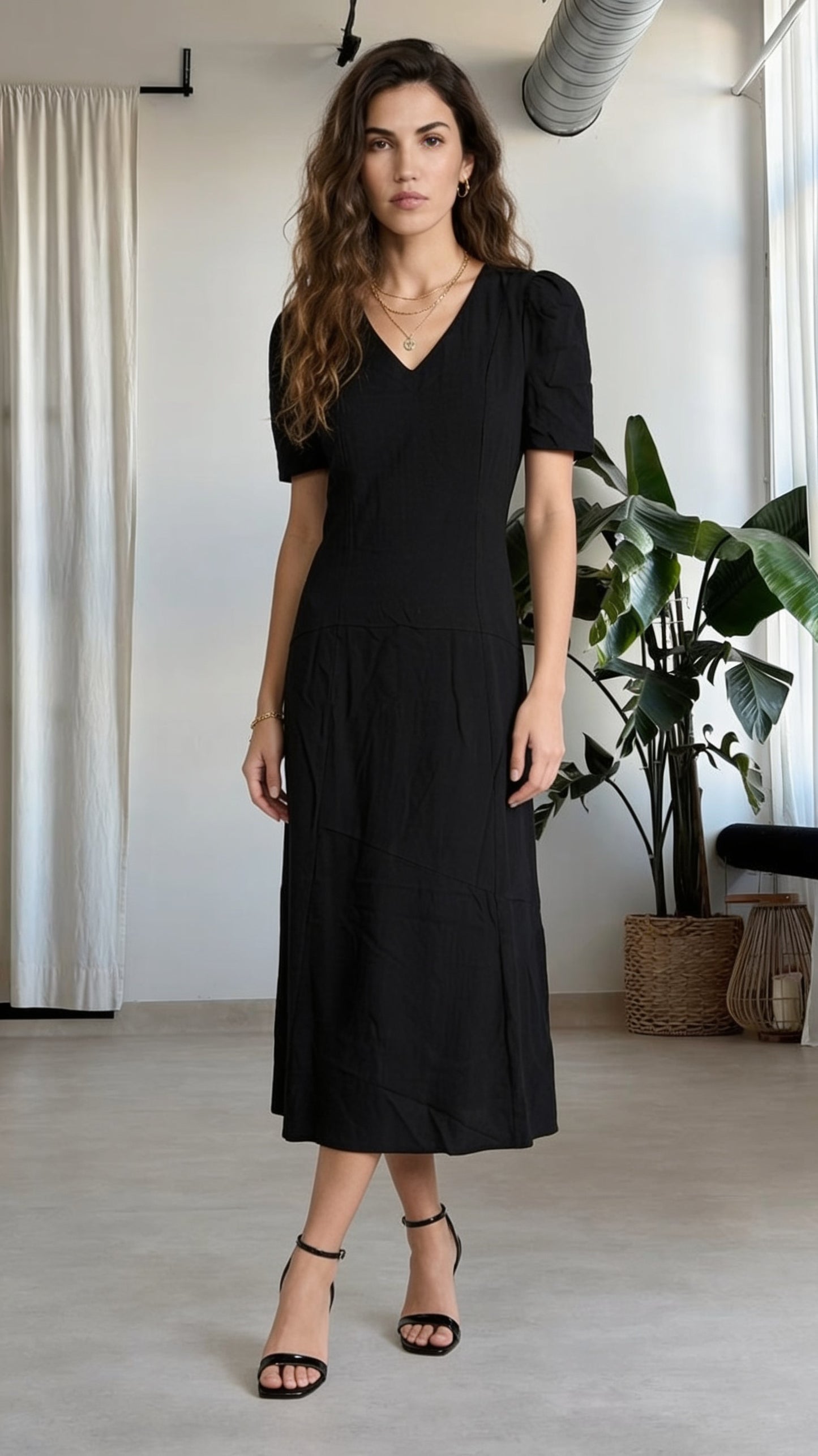 Vestido Negro Casual Midi / L84A