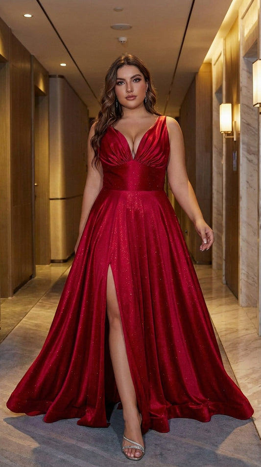 V440- D&M Vestido de fiesta de noche largo hasta el suelo con escote en V