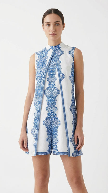 Vestido corto azul con estampado floral blanco /SH21