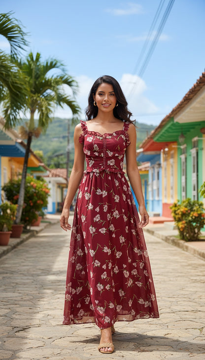Vestido Rojo Floral Largo / MV08