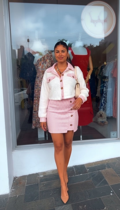 Conjunto rosado tweed chaqueta + falda / ANS12