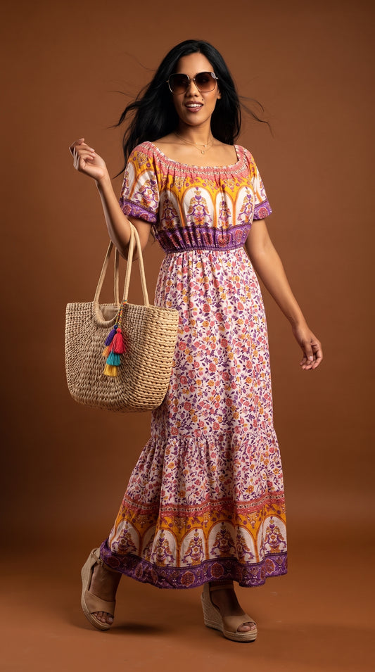 Vestido boho multicolor escote cuadrado /ANV07
