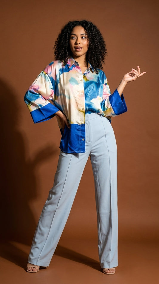 Outfit Oficina Busa Estampada+ Pantalón Azul / OUT13
