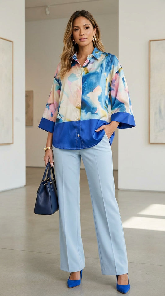 Outfit Oficina Set Ejecutivo – Busa Fina Estampada+ Pantalón Azul