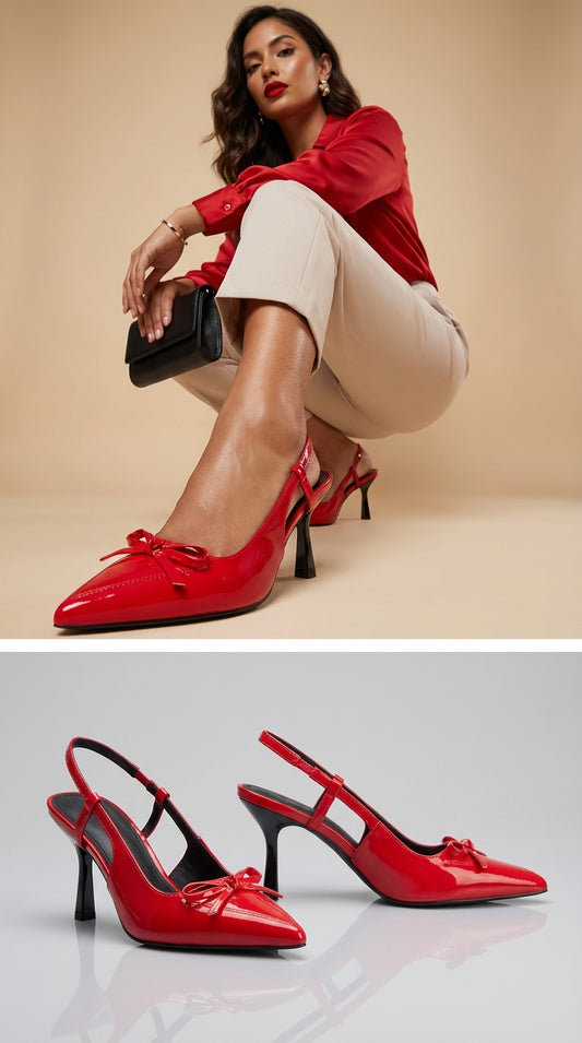 Zapatos Tacón Slingback Rojo Charol con Moño Elegante Z260110