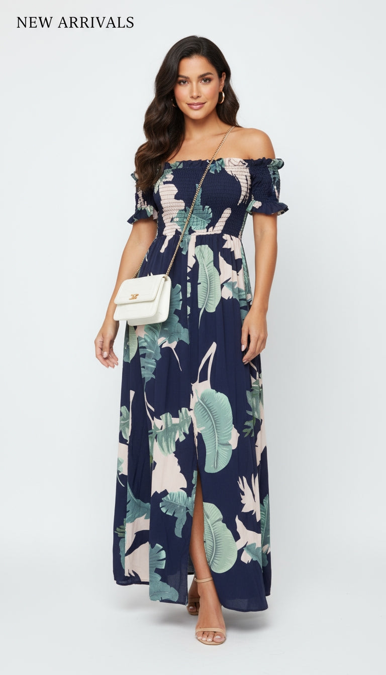 Vestido largo azul tropical con hombros descubiertos /ANV04