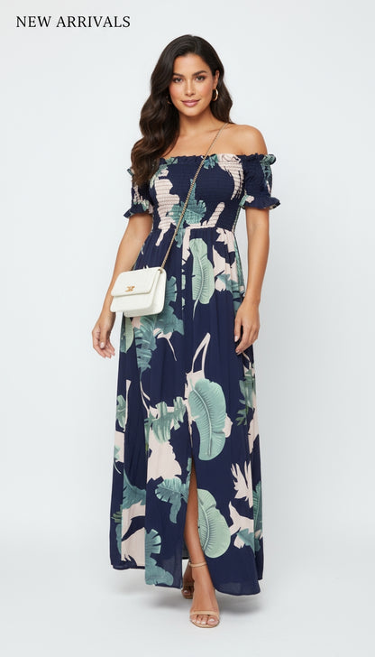 Vestido largo azul tropical con hombros descubiertos /ANV04