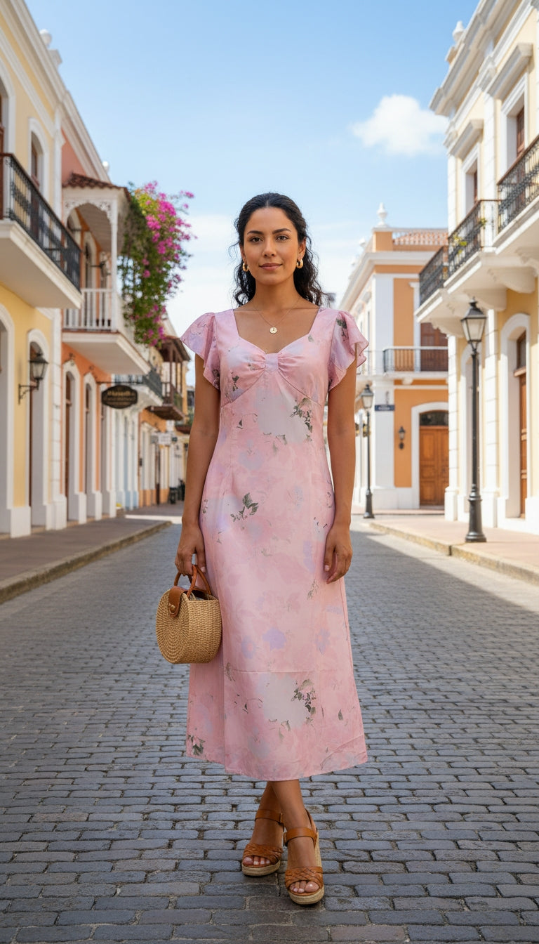 Vestido Midi Rosa con Volantes / L69A