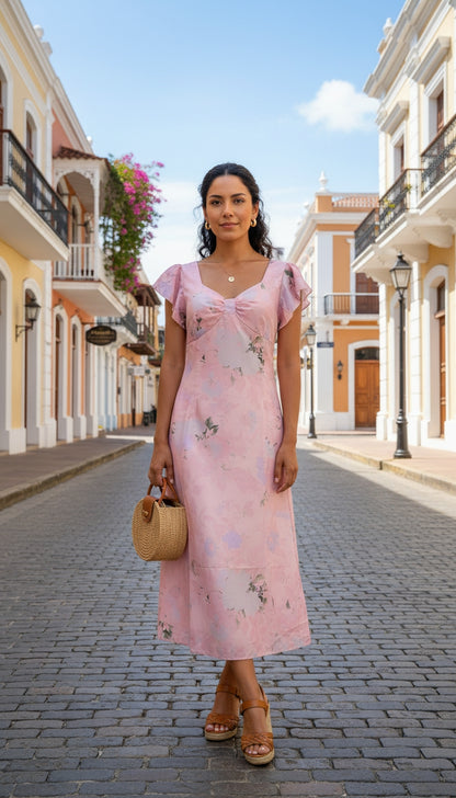 Vestido Midi Rosa con Volantes / L69A