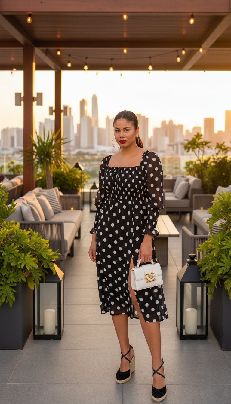 Vestido negro midi con lunares blancos /ANV06