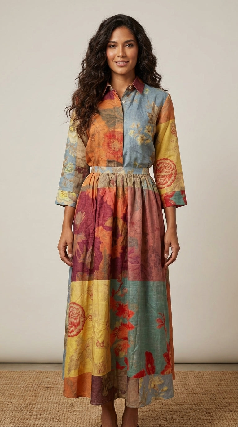 Set Camisa y Falda Midi Estampado Artístico ANS15