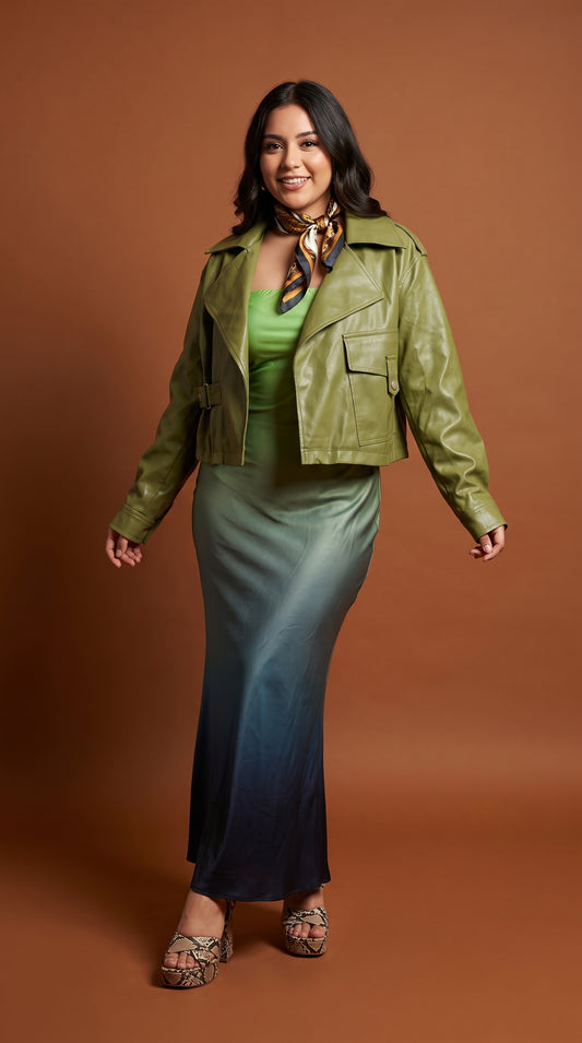 Jacket Cuero Verde + Vestido Maxi Satinado /OUTEV137