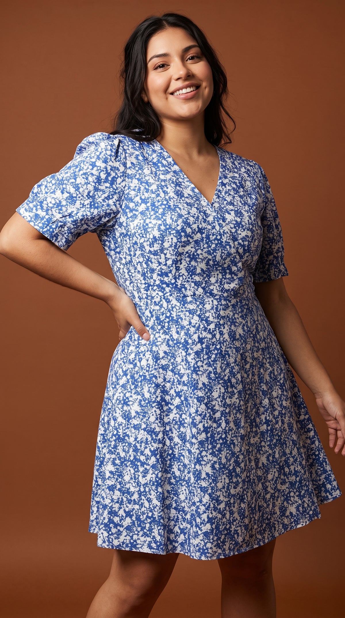 Vestido Azul Floral de Manga Corta / L78A