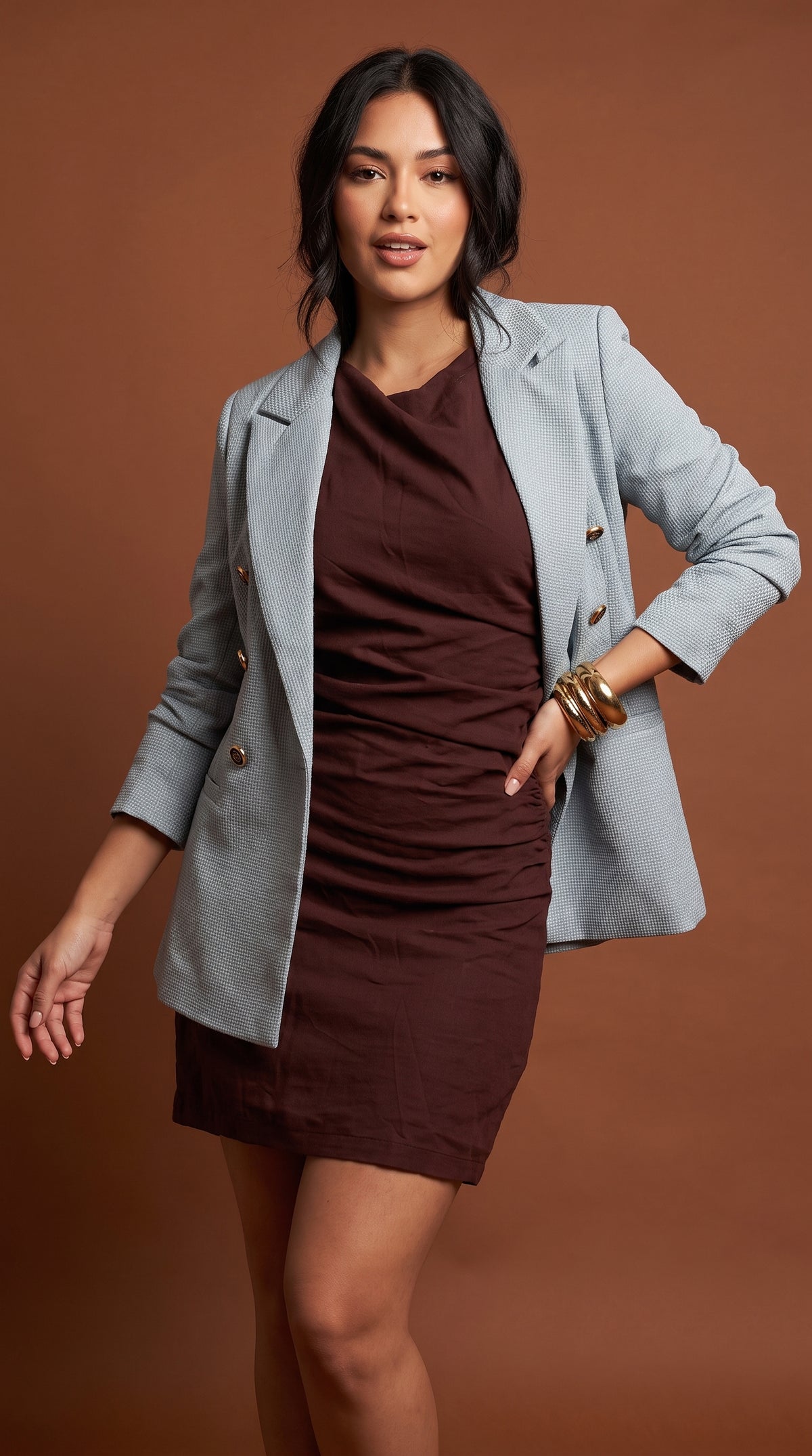 Blazer Sastre Azul Pastel + Vestido Marrón corto /OUTEV139