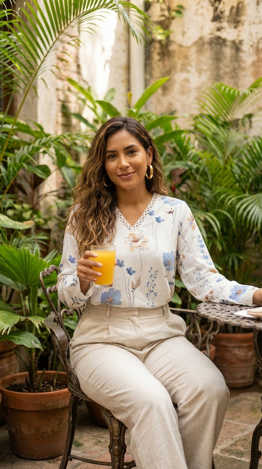 Blusa blanca floral manga larga / L44A