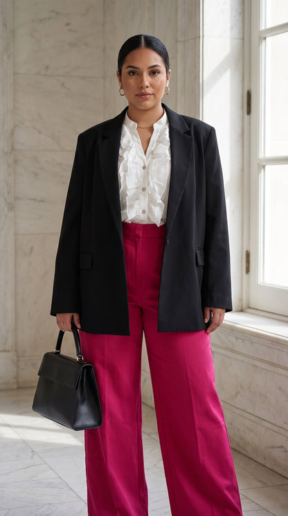 Blusa con Volantes y Encaje + Pantalón palazzo fucsia + Blazer Negro Elegante Clásico /OUTEV114