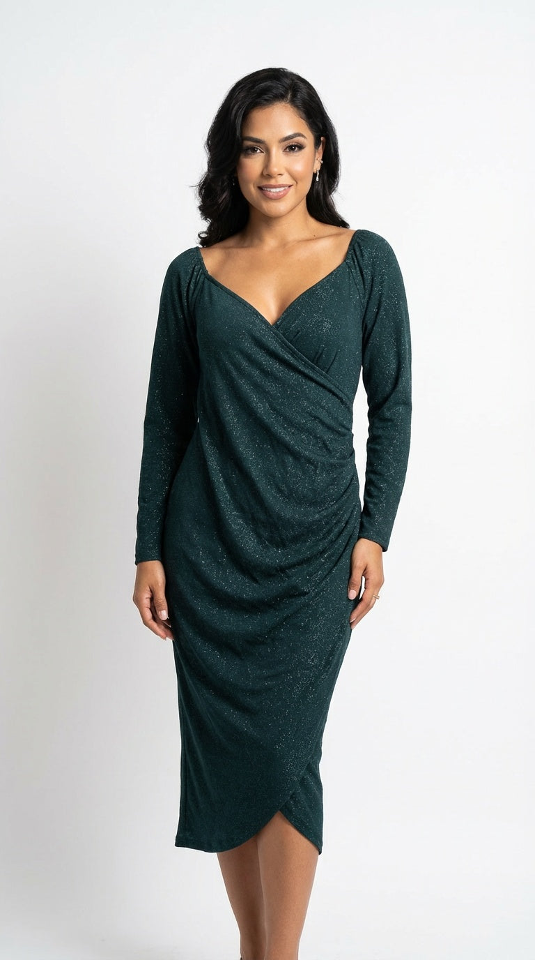 Vestido verde drapeado manga larga / UV41