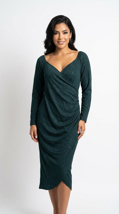 Vestido verde drapeado manga larga / UV41
