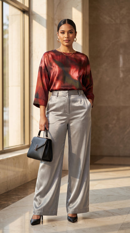 Blusa satinada + Pantalón palazzo plateado /OUTEV117