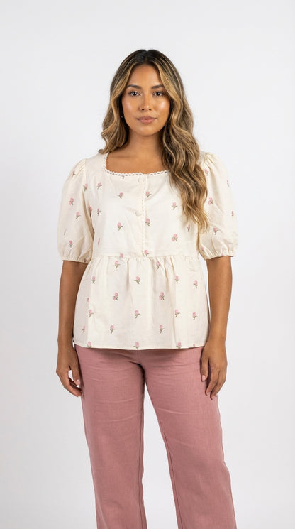 Blusa blanca peplum floral / L14A