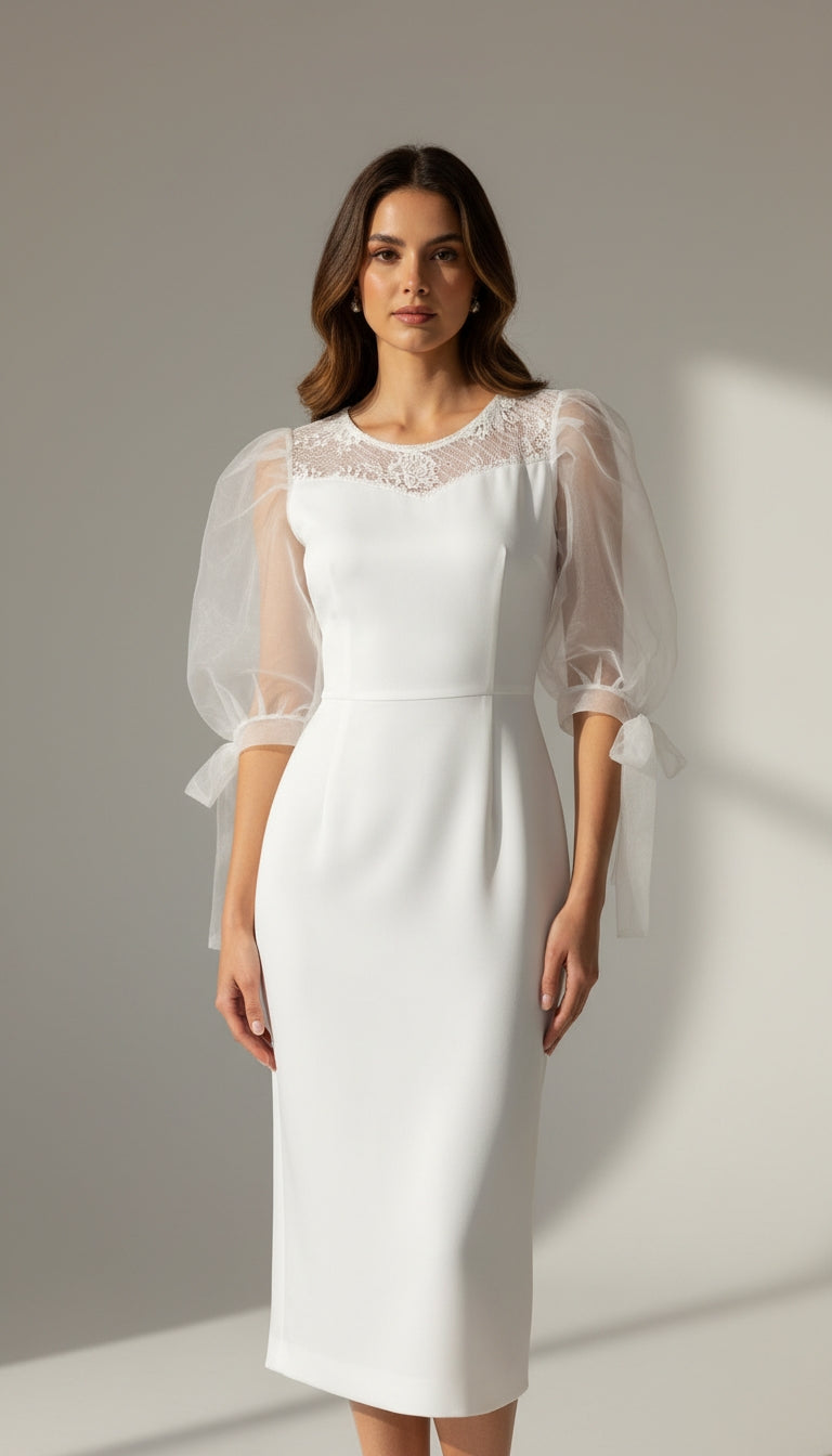 Vestido blanco con mangas de tul / AO106