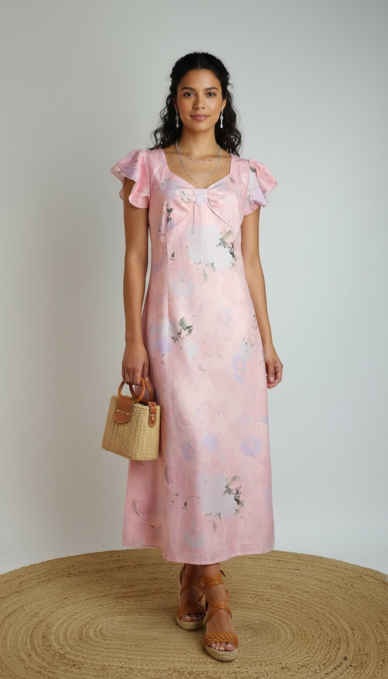 Vestido Midi Rosa con Volantes / L69A