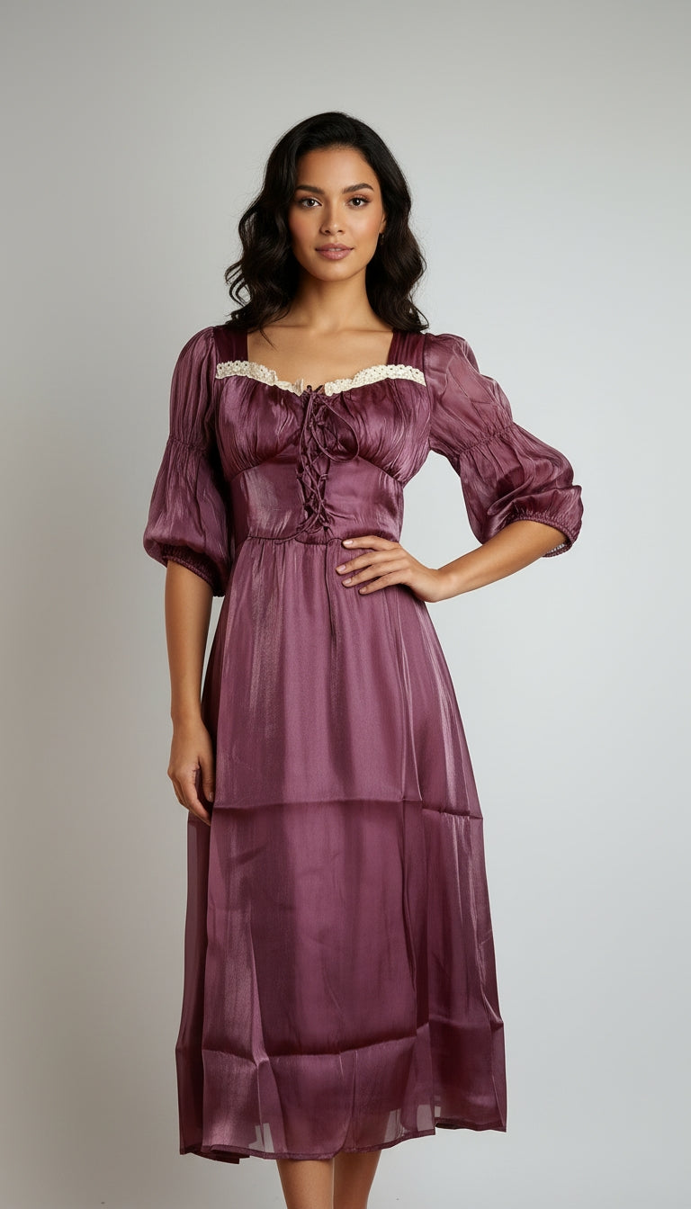 Vestido Lila Satinado Midi Elegante / MV11