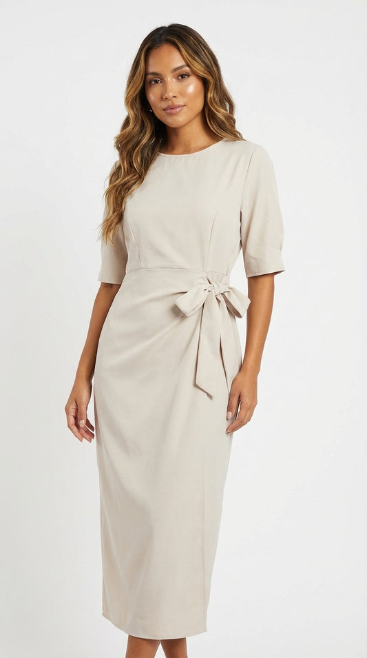 Vestido beige midi lazo lateral / L12A
