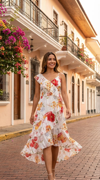 Vestido floral blanco con volantes / UV3