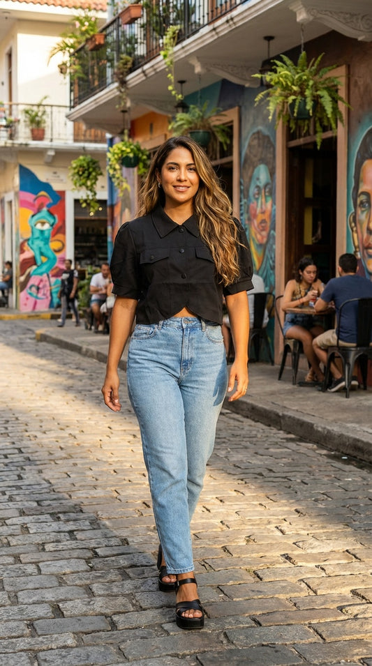 Camisa negra crop botones / L10A