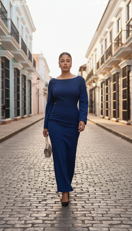 Vestido Azul Marino con Lazo Blanco y Espalda Descubierta/ANU75