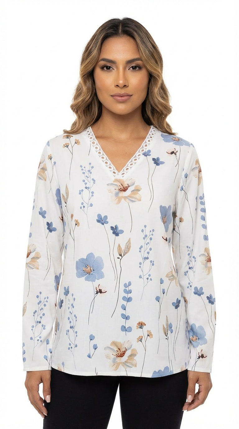 Blusa blanca floral manga larga / L44A