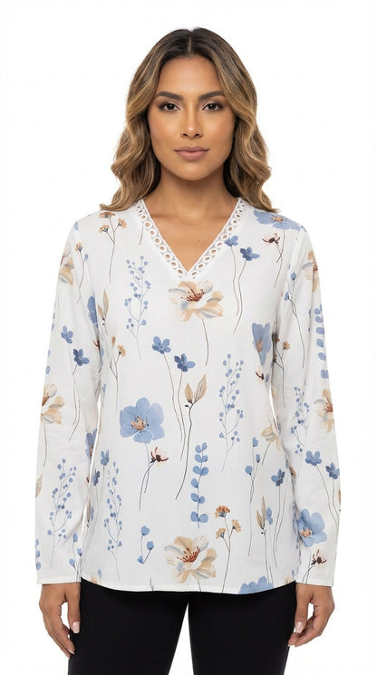 Blusa blanca floral manga larga / L44A