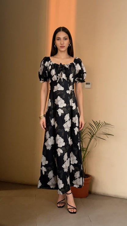 Vestido Negro Floral Maxi / L77A