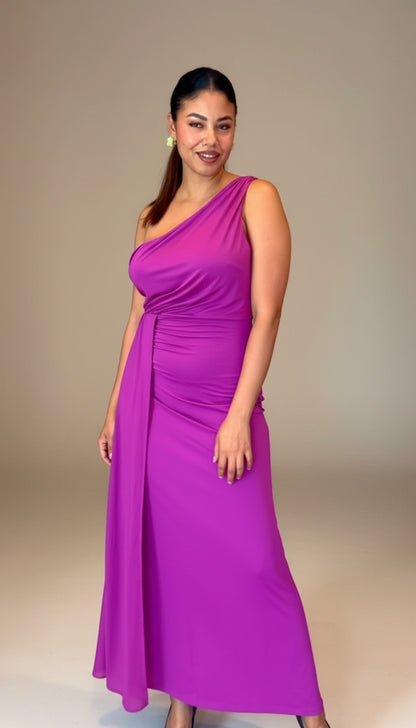 Vestido Fucsia Asimétrico de Un Solo Hombro/ ANV73