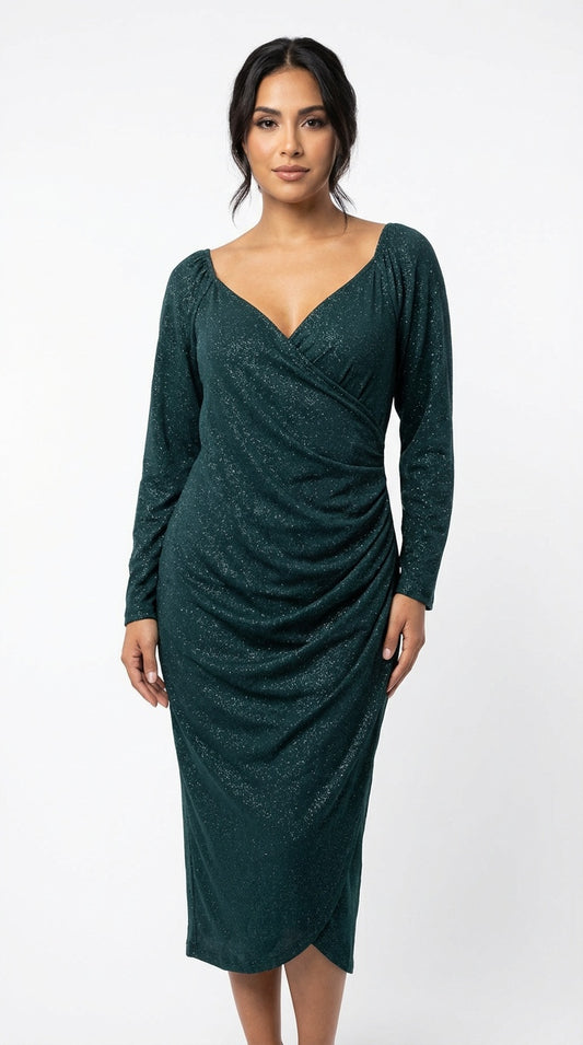 Vestido verde drapeado manga larga / UV41