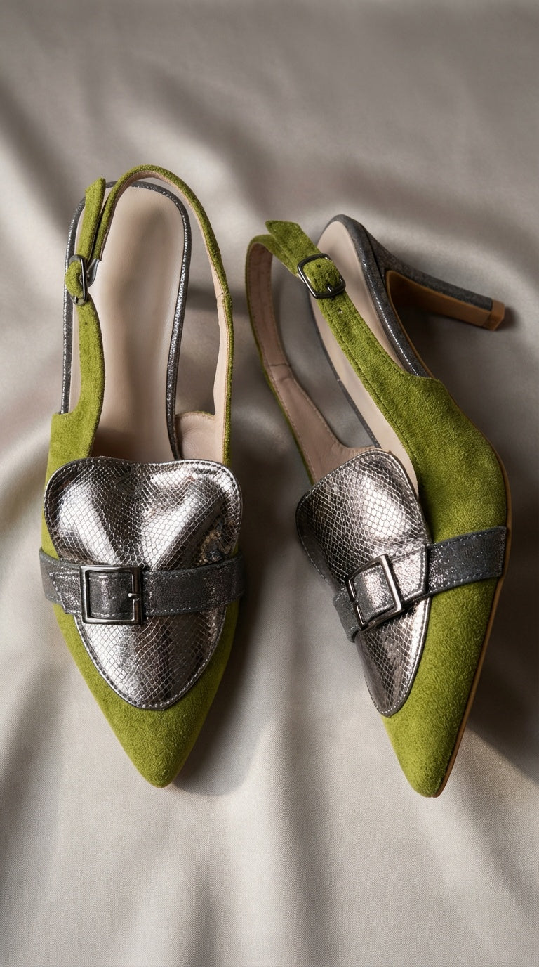 Zapatos Tacón Verde Oliva y Plata / Z260116